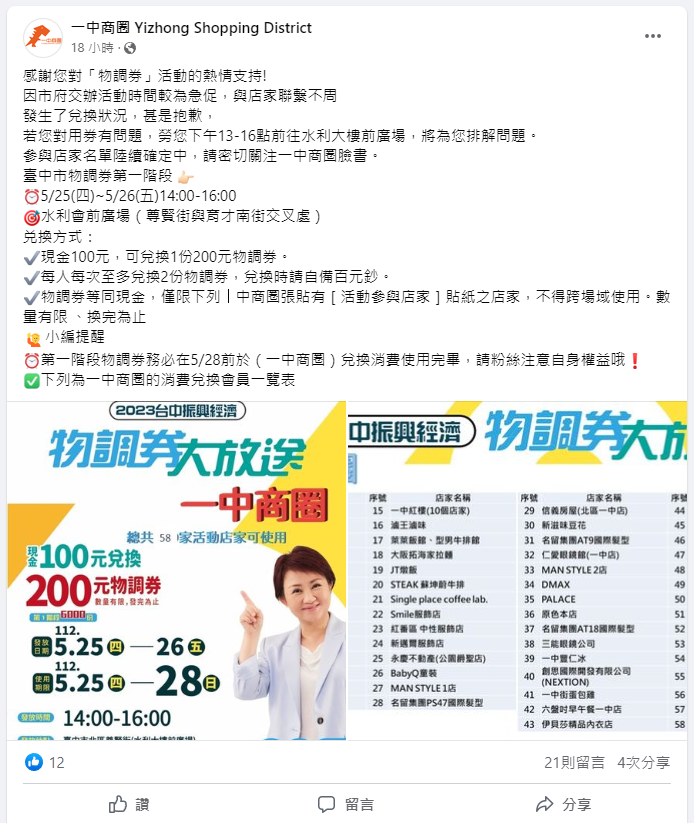 合作店家從原先的190家僅剩58家。（圖／翻攝自 一中商圈 Yizhong Shopping District Facebook）